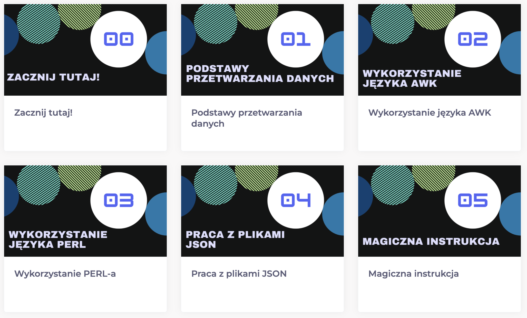 Sześć modułów kursu Przetwarzanie danych tekstowych